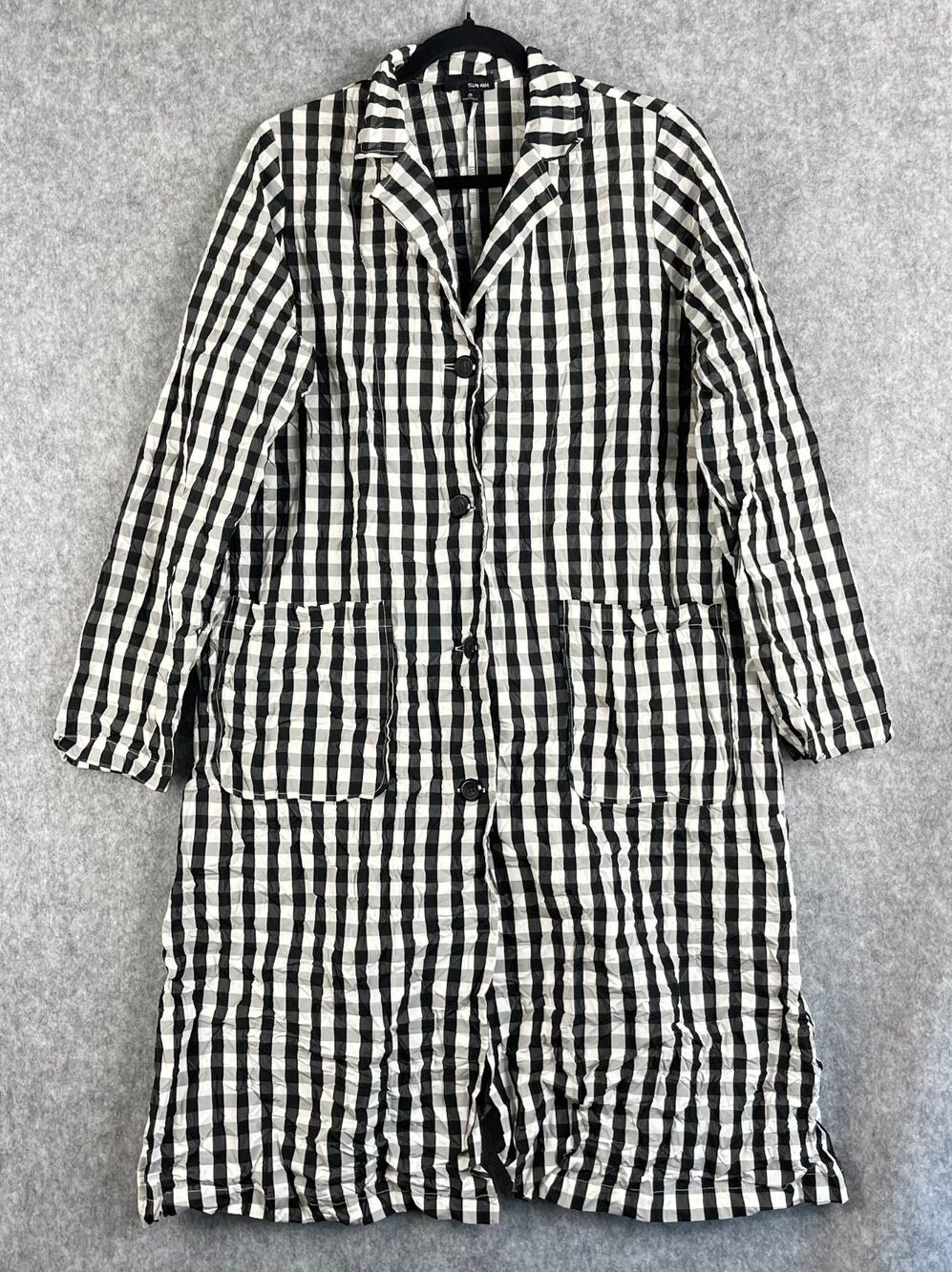 Sun Kim Crinkle Long Jacket Womens Small Black White Check Lightweight Lagenlook